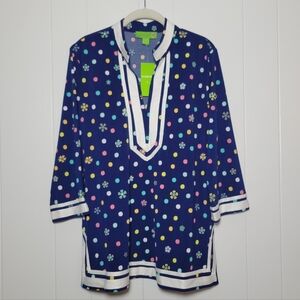 NWT Island Republic Tunic Top Polka Dot Floral Ribbon Trim Preppy Resortwear LG